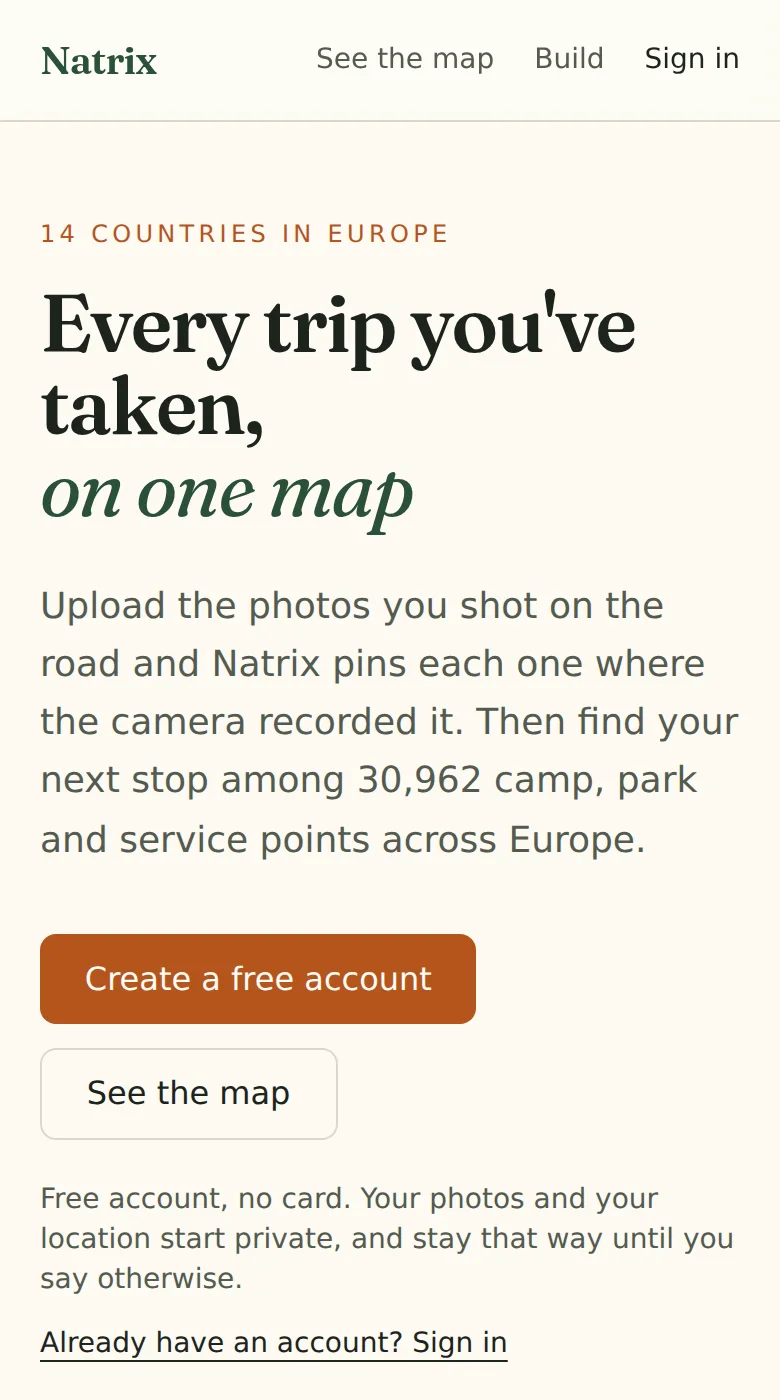 Natrix home screen: every trip you have taken, on one map