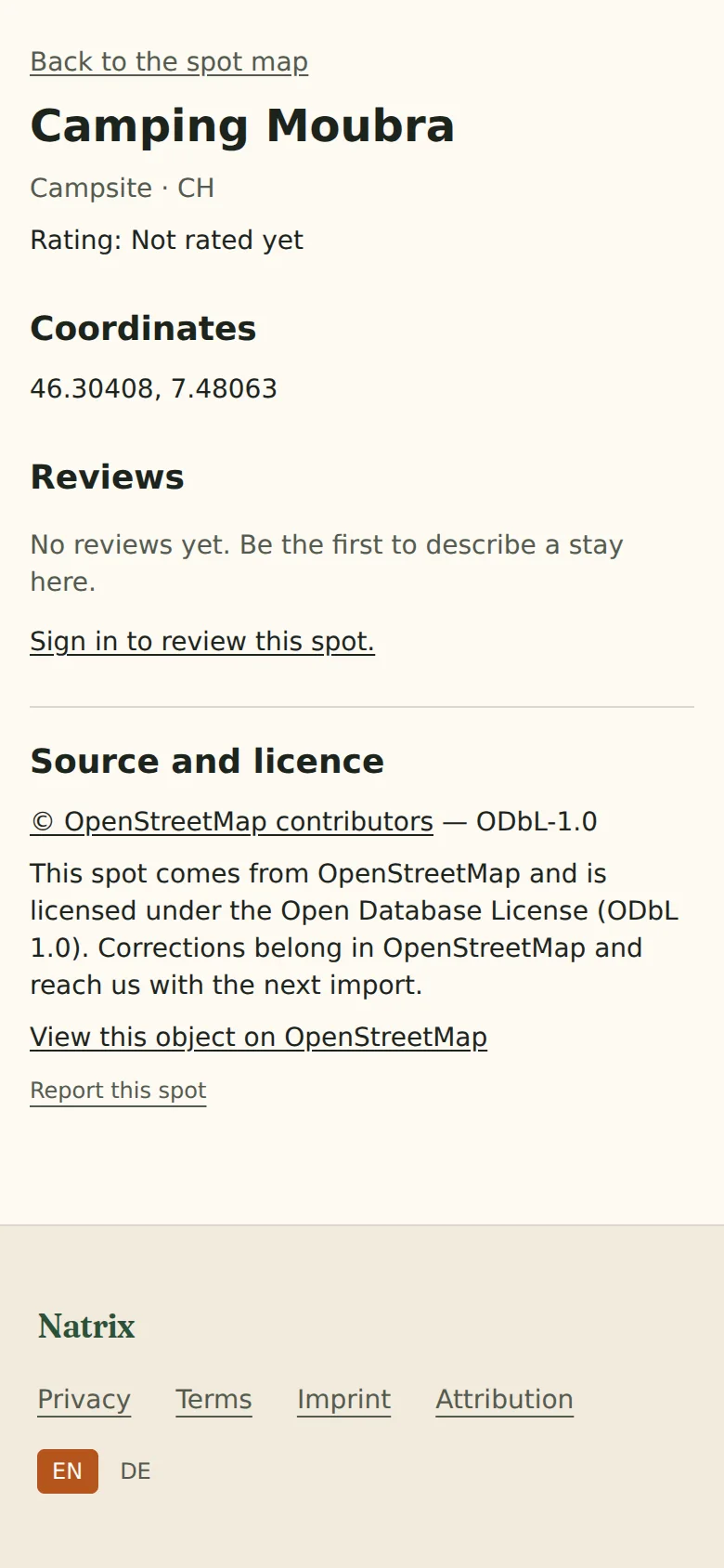 Spot page with OpenStreetMap-sourced data and licence
